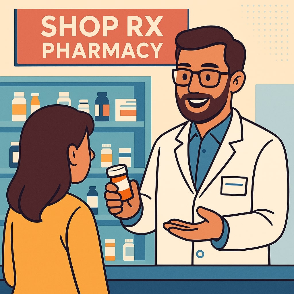Graphic of pharmacists helping in Shop RX Pharmacy